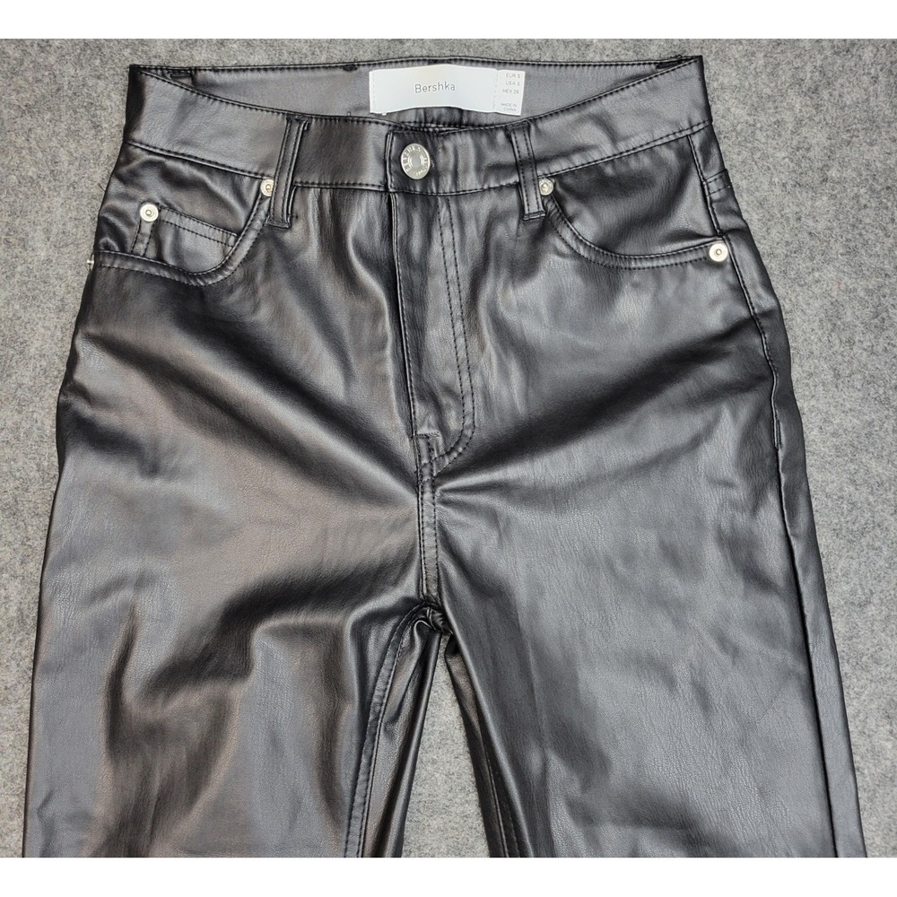 Bershka Pants Womens Small Black Faux Leather Classic High Rise Flare Leg